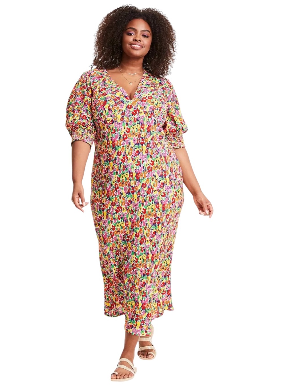 RIXO by Target Puff Sleeve Midi Dress Multicolor Floral V-Neck Cottagecore